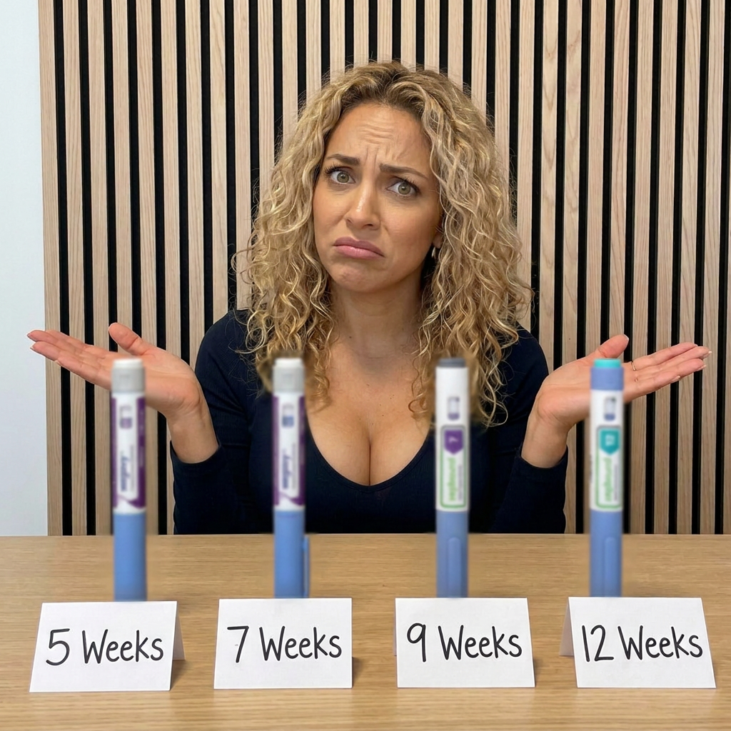 A woman shrugging behind four weight-loss injector pens labelled 5, 7, 9 and 12 weeks.